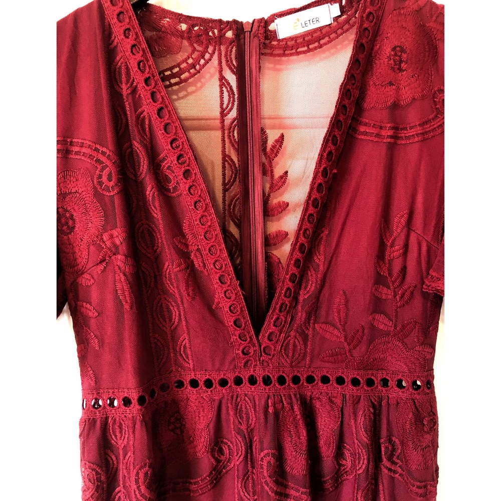 Dark Red, Deep V-neck Lace Long Dress